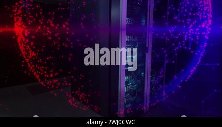 Image of shapes moving and globe over server room Stock Photo
