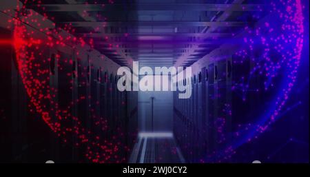 Image of shapes moving and globe over server room Stock Photo