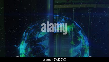 Image of shapes moving and globe over server room Stock Photo