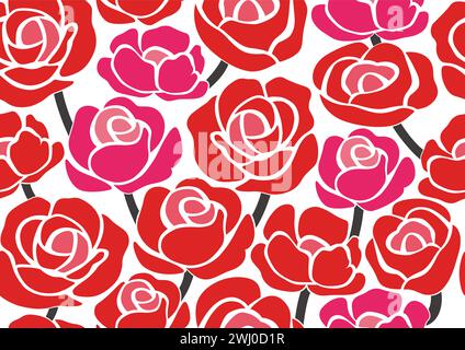 Seamless Red Rose Floral Pattern Vector Illustration Isolated On A White Background. Horizontally And Vertically Repeatable. Stock Vector