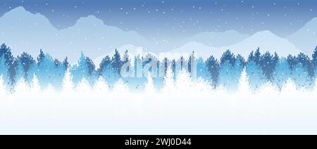 Vector Seamless Winter Forest Background Illustration With Snow-Covered Mountains In The Background. Horizontally Repeatable. Stock Vector