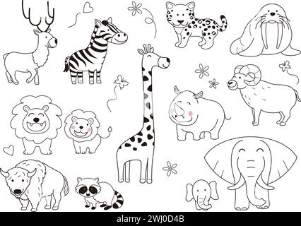 Hand-Drawn Cute Cartoonish Animals Vector Illustration Set Isolated On A White Background. Stock Vector