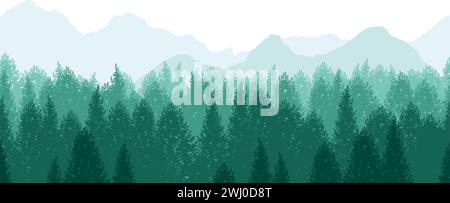 Vector Seamless Forest Background Illustration With Mountains In The Background. Horizontally Repeatable. Stock Vector