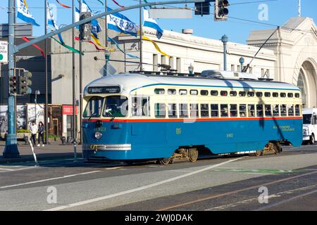 Vintage trolly car, The Embarcadero, Fisherman's Wharf, Fisherman's Wharf District, San Francisco, California, United States Stock Photo