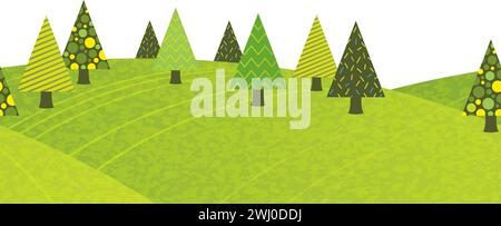 Seamless Forest With Mountains Vector Flat Illustration Isolated On A White Background. Horizontally Repeatable. Stock Vector