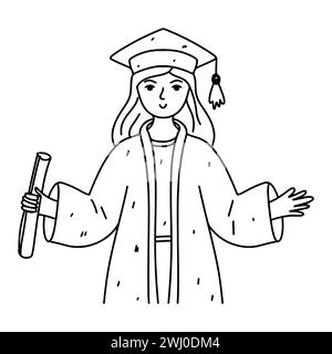 Graduate student. Hand drawn doodle style. Vector illustration isolated on white. Coloring page Stock Vector