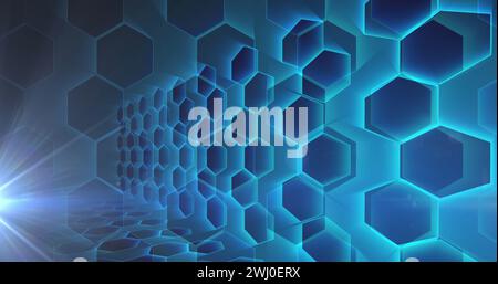 Image of glowing light over network of blue hexagons in background Stock Photo