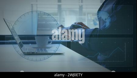 Image of scope scanning, globe spinning on screen over woman using laptop in office Stock Photo