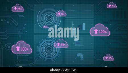 Image of pink clouds with percent going up over screens with data processing Stock Photo