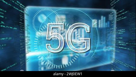 Image of 5g text, scope scanning and data processing on screens Stock Photo