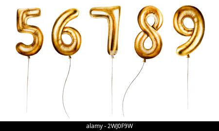 Watercolor set of golden foil balloons digits 5-9. Hand drawn birthday party numbers five, six, seven, eight, nine on stings for decoration isolated o Stock Photo