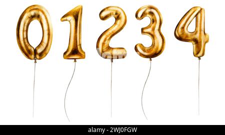 Watercolor set of golden foil balloons digits 0-4. Hand drawn birthday party numbers zero, one, two, three, four on strings for decoration isolated on Stock Photo