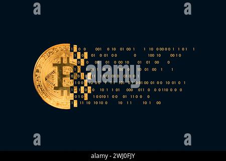 Bitcoin with technology binary code.  Digital binary data and secure data with number 0 and 1. Stock Photo