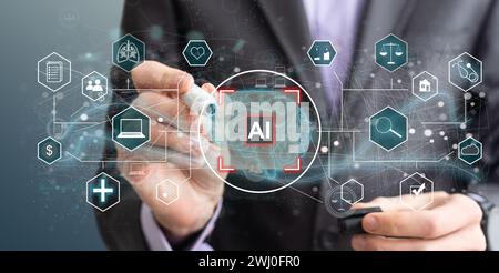 Artificial intelligence concept businessman holding ai on computer screen to using for in document management system and data analysis works Stock Photo