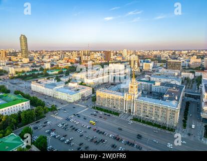 Yekaterinburg City Administration or City Hall and Central square at summer evening. Evening city in the summer sunset, Aerial View. Top view of city Stock Photo