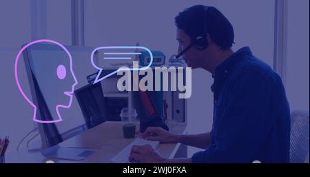 Image of ai text, icons and data processing over asian man using computer Stock Photo