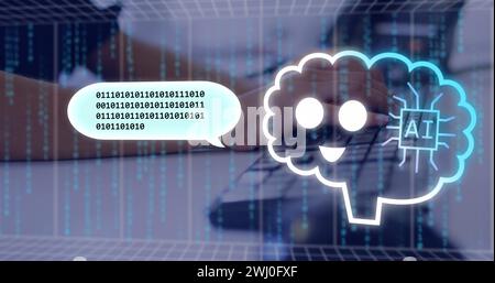 Image of ai text, icons and data processing over biracial woman using computer Stock Photo