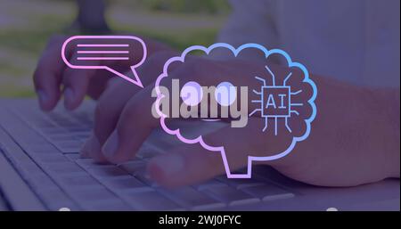 Image of ai text, icons and data processing over caucasian man using laptop Stock Photo