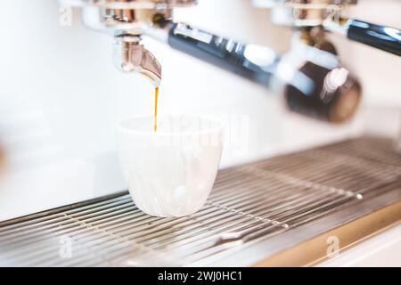 Close-up of espresso pouring from coffee machine. Professional coffee brewing. High quality photo Stock Photo