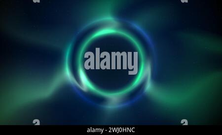 Blue green circular light frame on dark background. Shining light ring. Glowing blue green plasma circle. Abstract background, backdrop for displaying Stock Vector