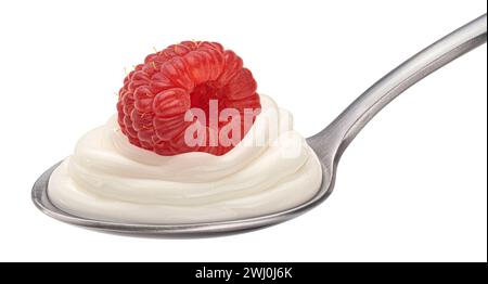 Spoon of yogurt with raspberry isolated on white background Stock Photo