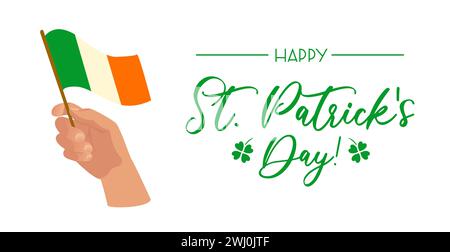 Happy St. Patricks Day horizontal banner. Hand with the flag of Ireland. Four leaf clover, symbol of good luck. Religious traditions. For banner, webs Stock Vector