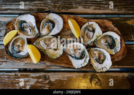 Opened oysters lie on a wooden tray with slices of oranges on the table Stock Photo