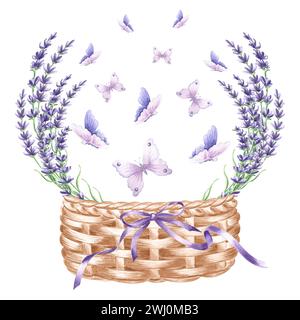 Lavender flowers and butterflies in wicker basket with bow and rbbons. Watercolor illustration. Isolated hand drawn Provance bouquet. Vintage drawing Stock Photo