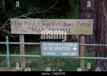 Wooden Sign for The Parish Church of St Peter in Martindale, Ullswater, Lake District National Park, Cumbria, England, UK. Stock Photo