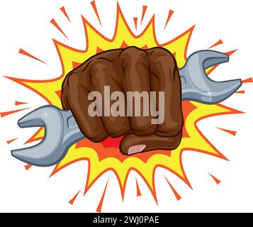 Spanner Wrench Fist Hand Explosion Pop Art Cartoon Stock Vector