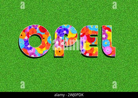 the word Opel written with colorful flowers, illustration, graphic, on a green background Stock Photo