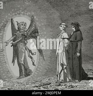 The Divine Comedy (1307-1321). Italian narrative poem by the Italian poet Dante Alighieri (1265-1321). Purgatory. 'When we had reached the blessed Angel...' Illustration by Yann Dargent (1824-1899). Engraving. Published in Paris, 1888. Stock Photo