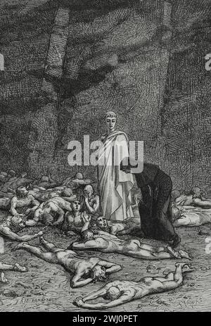 The Divine Comedy (1307-1321). Italian narrative poem by the Italian poet Dante Alighieri (1265-1321). Purgatory. 'What is it about you that you only look down at the ground?...' Illustration by Yann Dargent (1824-1899). Engraving. Published in Paris, 1888. Stock Photo