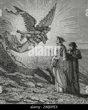 The Divine Comedy (1307-1321). Italian narrative poem by the Italian poet Dante Alighieri (1265-1321). Purgatory. 'Towards us came the being beautiful...' Illustration by Yann Dargent (1824-1899). Engraving. Published in Paris, 1888. Stock Photo
