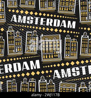 Vector Amsterdam Seamless Pattern, square repeating background with illustration of famous european amsterdam city scape on dark background, decorativ Stock Vector