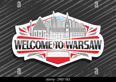 Vector logo for Warsaw, white decorative label with outline illustration of panoramic warsaw city scape on day sky background, line art design refrige Stock Vector