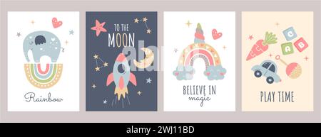 Set of cute boho baby posters in Scandinavian style. Bohemian nursery cards with rainbow, clouds, toys, elephant, rocket and moon. Print decor for kids room. Bedroom wall art with lettering quotes. Stock Vector
