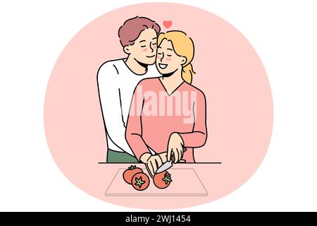 Happy couple in love preparing food together. Smiling man and woman lovers cooking at home kitchen. Vector illustration. Stock Vector