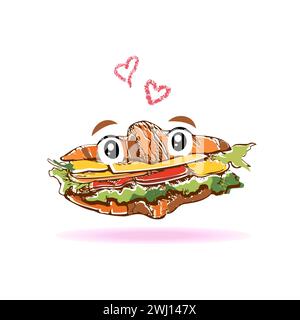 Croissant sandwich cartoon character. Hand drawn puff pastry with stuffing, love message card Stock Vector