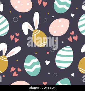 Cute handdrawn Easter pattern with eggs and bunny ears. Seamless vector design. Stock Vector