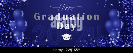 Happy Graduation Day decorative banner with 3D elements. Class of 2024 school wallpaper. Prom decoration. Holiday blue background  glittering frame Stock Vector