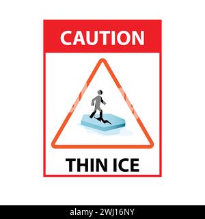 Silhouette of a person on a cracked ice floe with the text caution thin ice Stock Vector