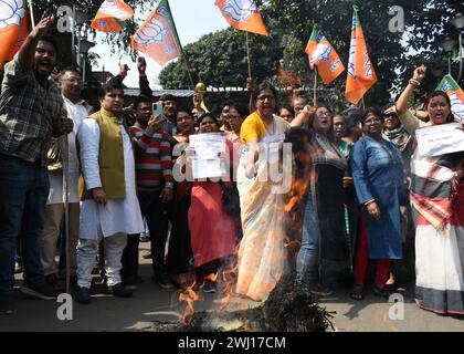 Kolkata, West Bengal, India. 12th Feb, 2024. Workers of BJP's North Kolkata Mahila Morcha show demonstrate in front of Armhastreet Police Station in North Kolkata against the regime's brutality against women in Sandeshkhali. (Credit Image: © Sayantan Chakraborty/Pacific Press via ZUMA Press Wire) EDITORIAL USAGE ONLY! Not for Commercial USAGE! Stock Photo