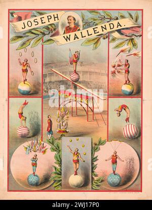 Vintage ad poster for the Great Joseph Wallenda showing various circus performance acts by Adolph Friedländer 1890s Stock Photo