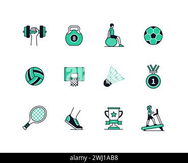 Sports equipment and athletics - line design style icons set Stock Vector