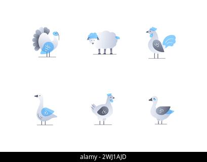 Domestic birds and animals - flat design style icons set Stock Vector