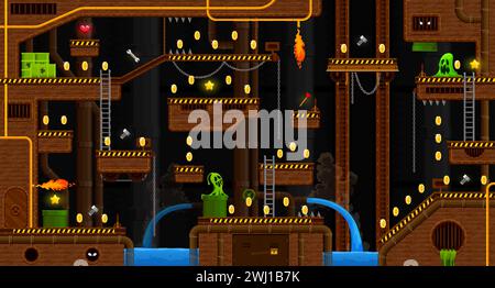 Arcade underground sewage and wastewater game level map interface. Brick platforms and golden coins, stairs, ghosts and toxic waste. Vector 2d ui canalization landscape with bonus assets and monsters Stock Vector