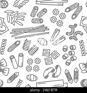 Pasta seamless pattern. Textile or wrapping paper thin line vector backdrop, fabric or wallpaper monochrome print with orzo, rigatoni, stelle, penne and macceroni, ravioli, spaghetti Italian pasta Stock Vector