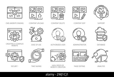 CMS, content management system icons, vector web technologies. Thin line website admin, laptop computer, upload, edit and delete content, social media administrator, software and database symbols Stock Vector