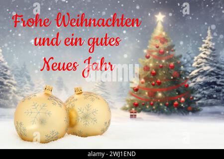 Christmas card Merry Christmas with Christmas baubles card decoration winter Christmas tree snow Stock Photo